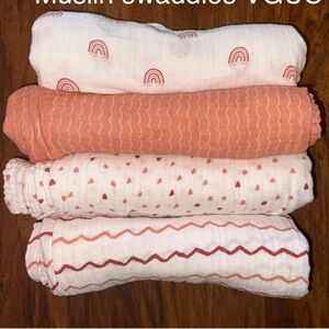Set of Muslin Swaddles in White, Pink and Orange, Hearts, Rainbows